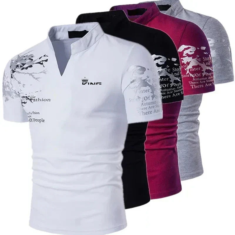 メンズ コットンスリムフィット半袖グラフィックTシャツ — スタンドカラーのカジュアルプリントスタイル