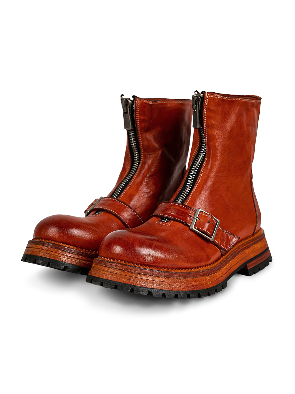 ショウタ ブラウン フロントジップ レザーブーツ