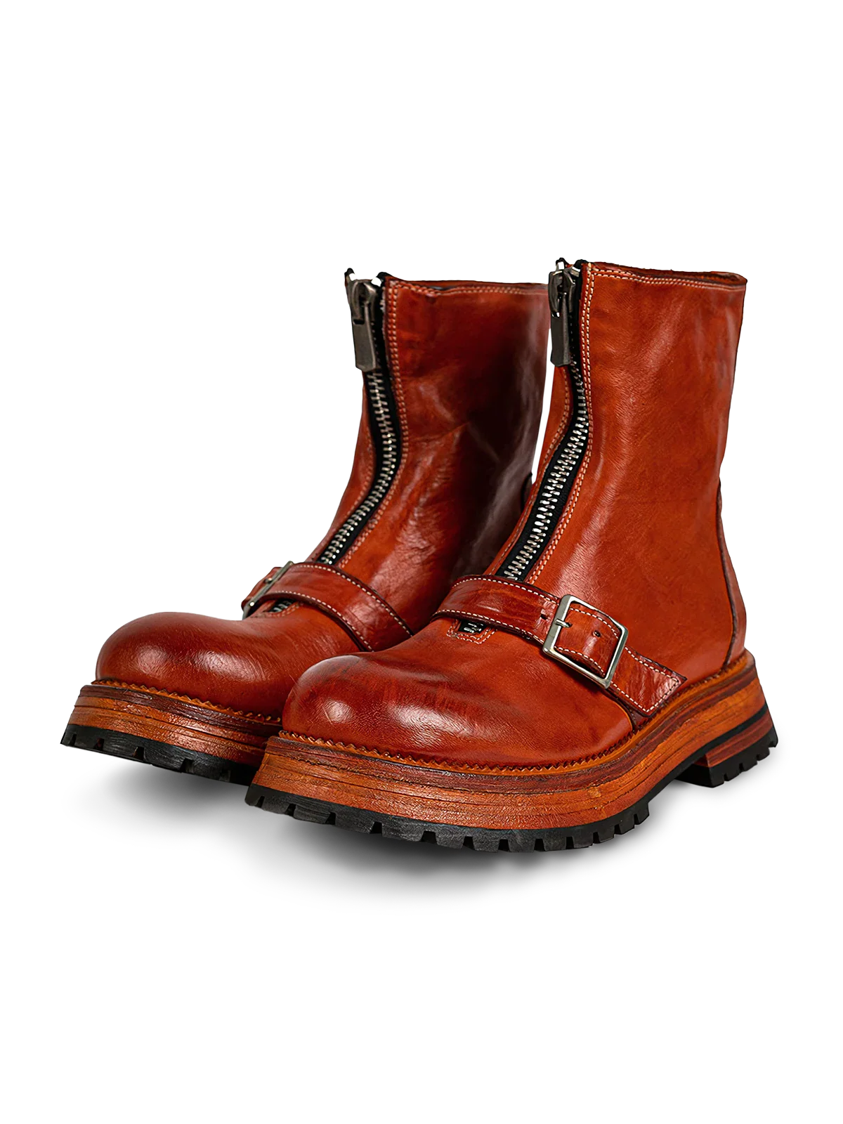 ショウタ ブラウン フロントジップ レザーブーツ