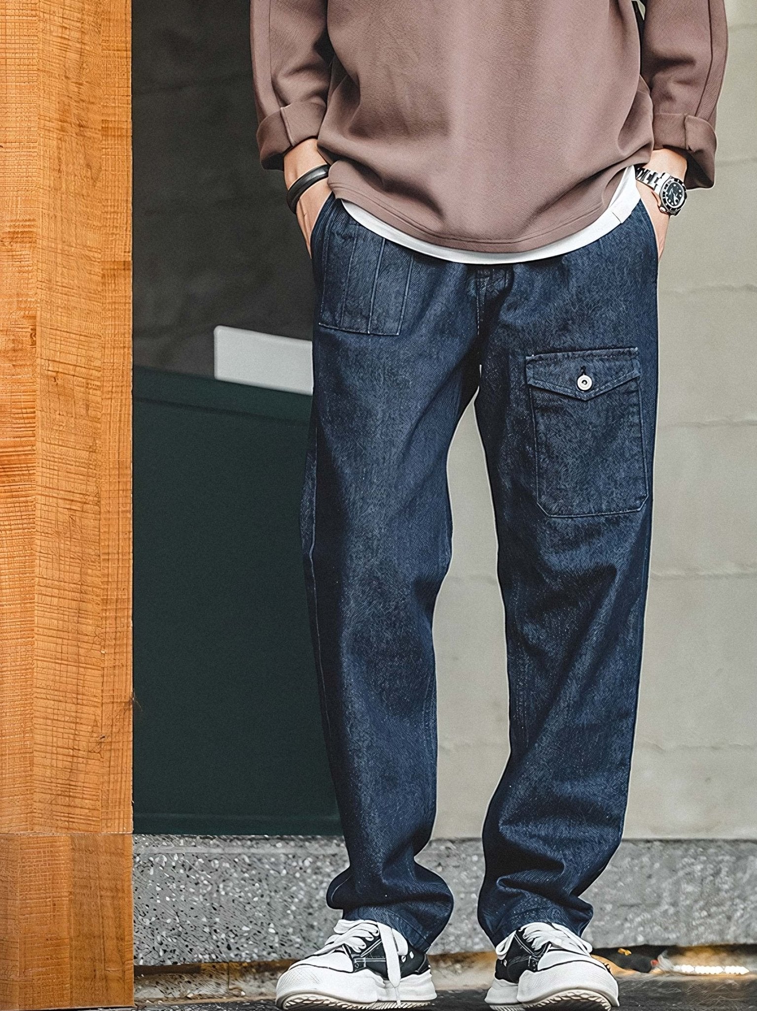 ネイビーソウジワークデニムパンツ