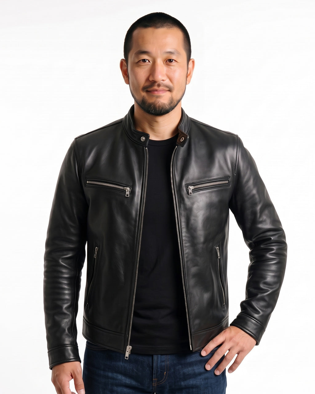 メンズ本革レザージャケット（ブラック）スタンドカラー、フロントジップと両サイドポケット