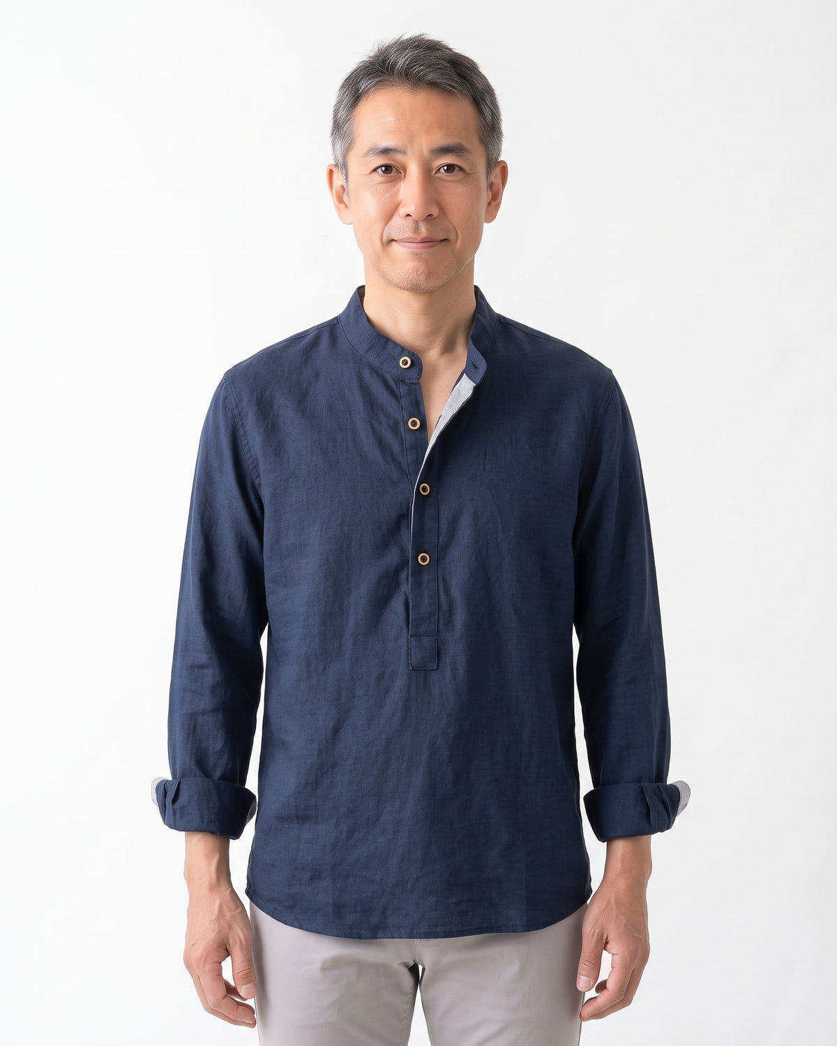 コットン長袖ヘンリーネックTシャツ メンズ — バンドカラーのゆったりプルオーバー