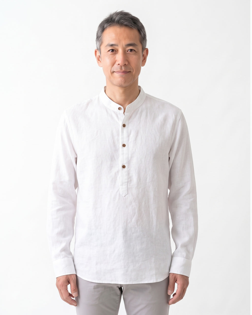 コットン長袖ヘンリーネックTシャツ メンズ — バンドカラーのゆったりプルオーバー