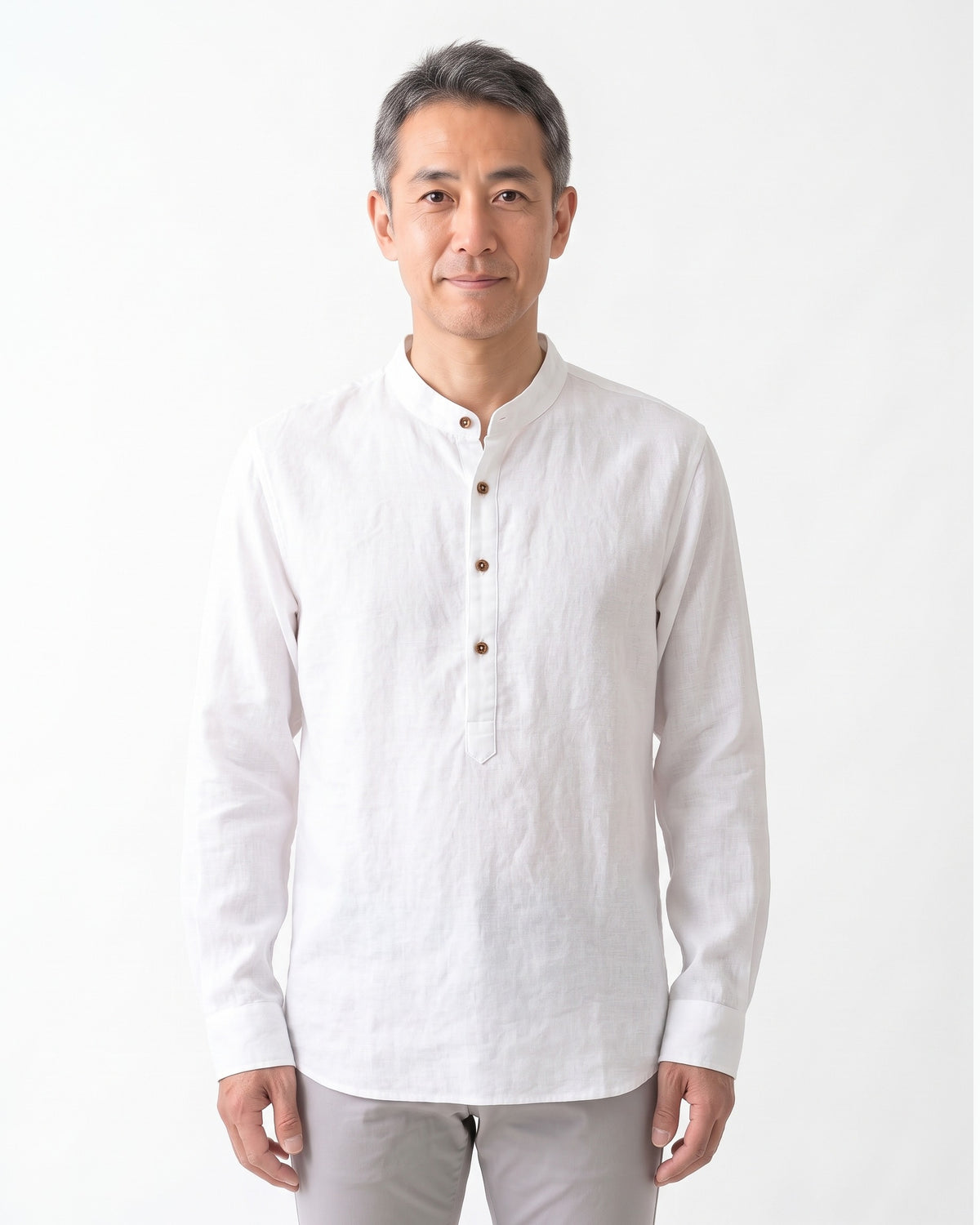 コットン長袖ヘンリーネックTシャツ メンズ — バンドカラーのゆったりプルオーバー