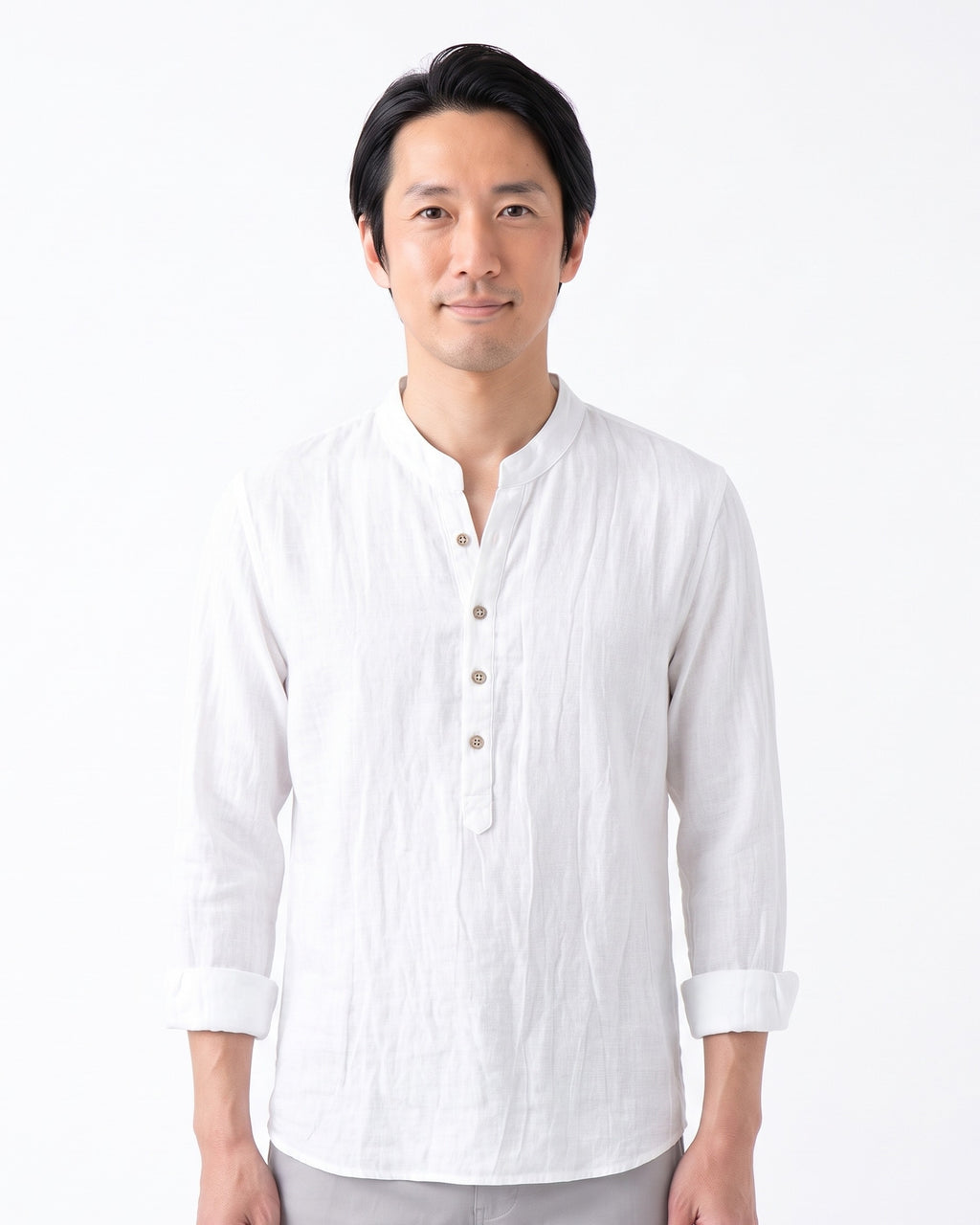 長袖ヘンリーネックTシャツ メンズ — コットンリネンの涼やかな大人カジュアル