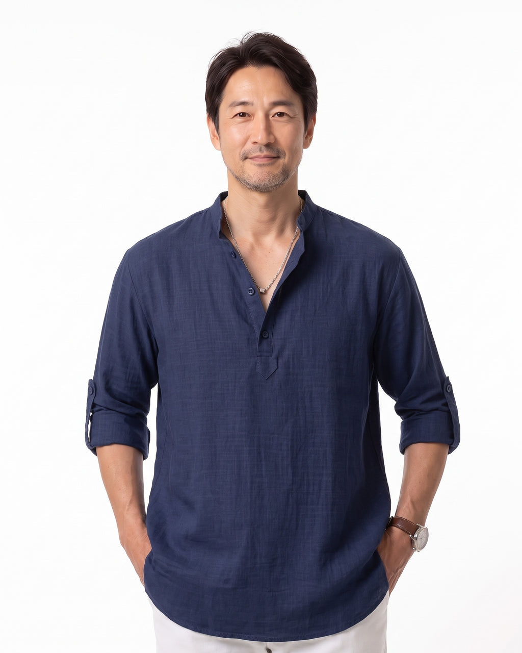 バンドカラー長袖ヘンリーネックTシャツ メンズ — コットンの薄手で仕上げた羽織れる一枚