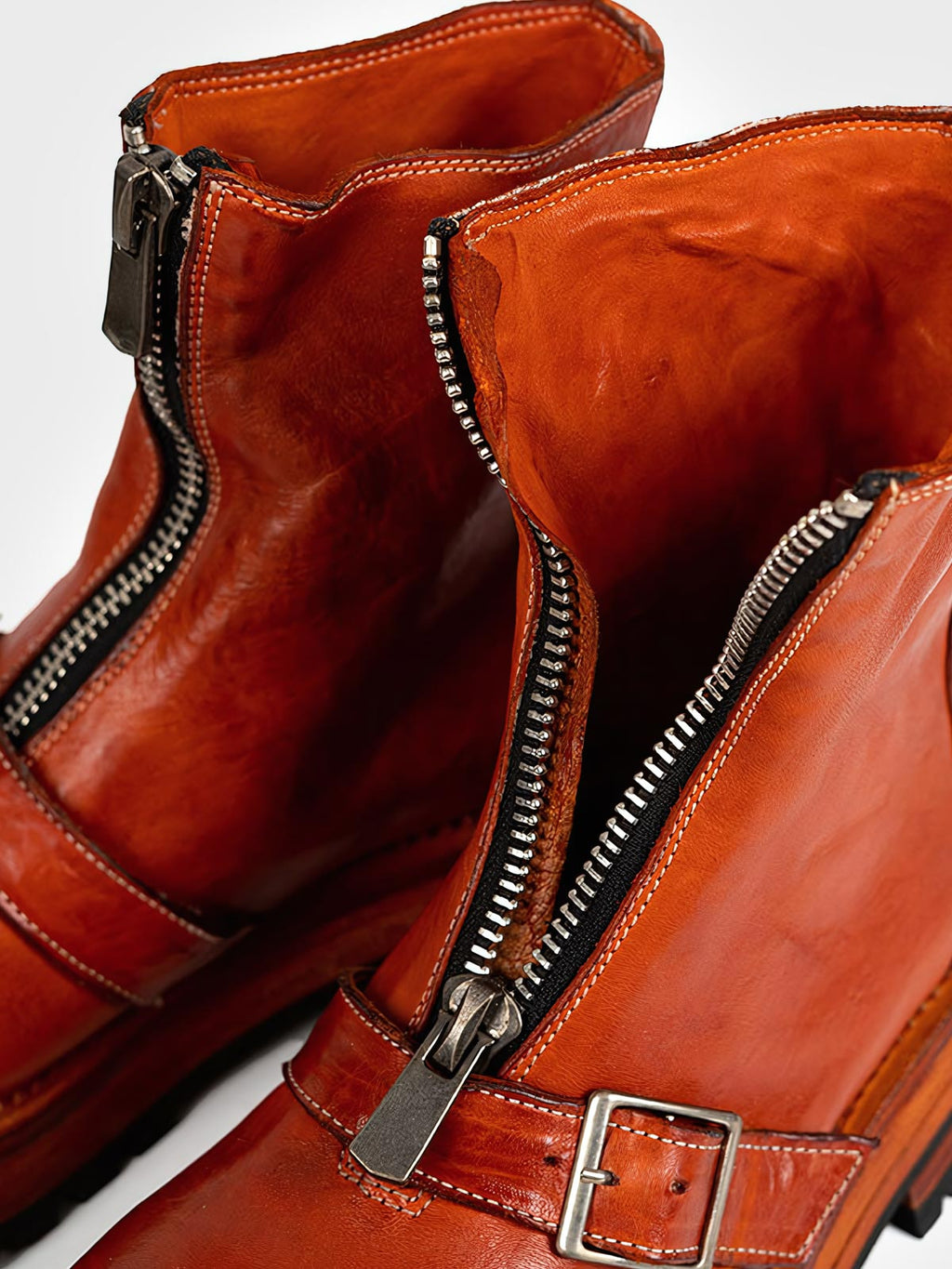 ショウタ ブラウン フロントジップ レザーブーツ