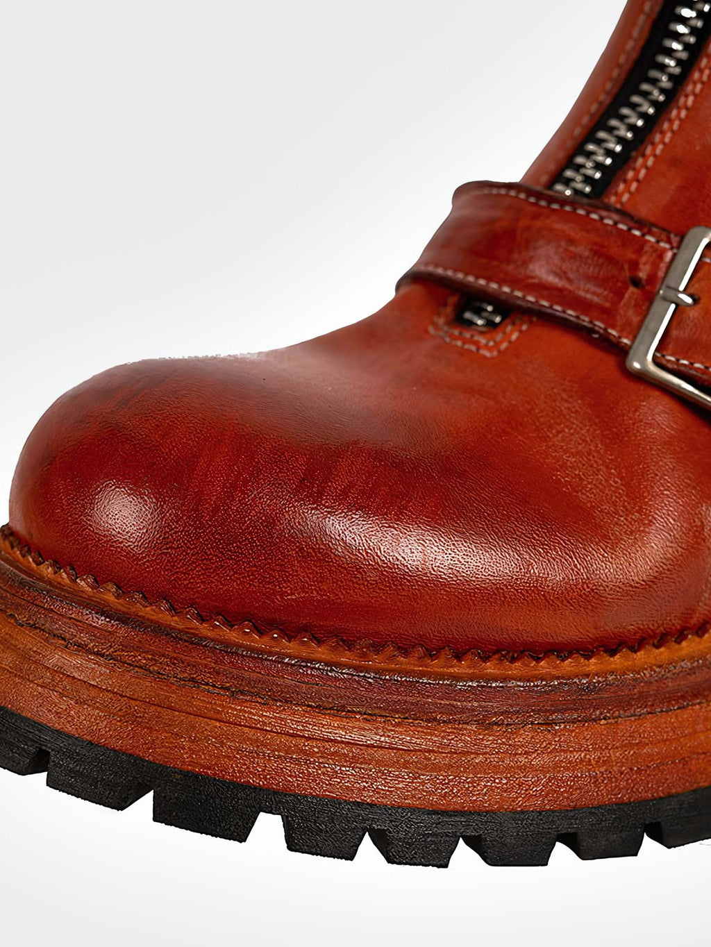 ショウタ ブラウン フロントジップ レザーブーツ