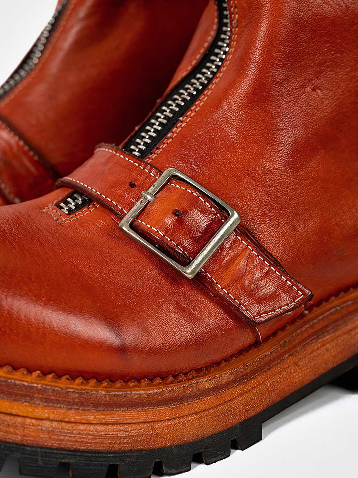 ショウタ ブラウン フロントジップ レザーブーツ