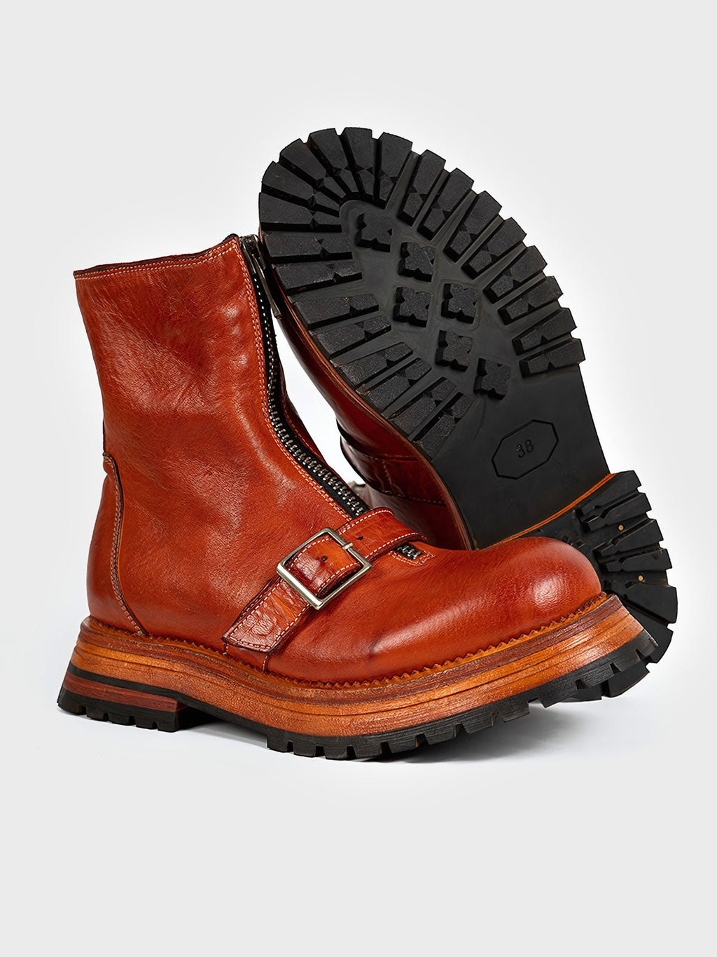 ショウタ ブラウン フロントジップ レザーブーツ