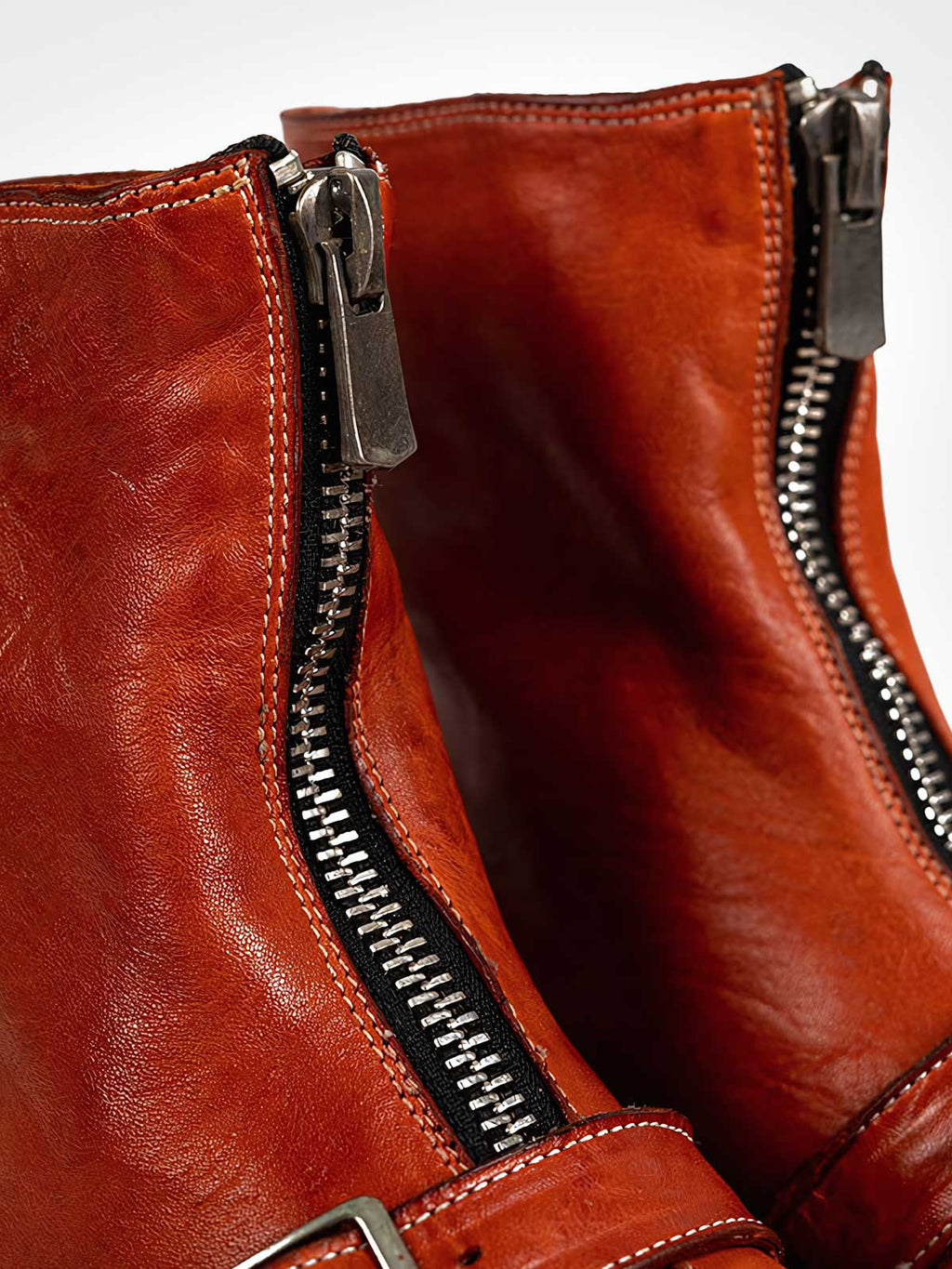 ショウタ ブラウン フロントジップ レザーブーツ