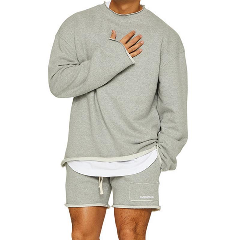 メンズ用無地スウェットシャツ×ショートパンツセット（グレー）ワイドな袖、インナーがのぞく