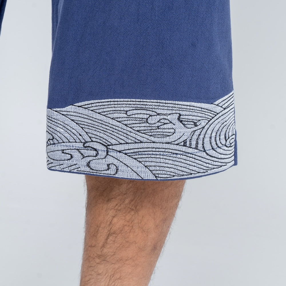 メンズ 和柄刺繍サルエルショートパンツ — 七分丈リネン素材のゆったりカジュアルスタイル